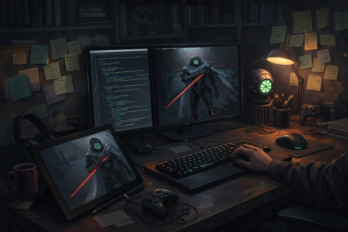 Game developer workspace with programming and design tools